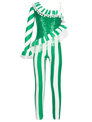 Daenrui Kids Girls Christmas Candy Cane Striped Sequins Dance Unitard Jumpsuit Stage Performance Costume Green 16 Years