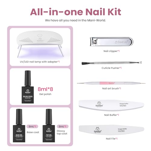 Image of Beetles Gel Nail Polish Kit with U V Light - 16 Pcs 8 Color Gel Polish Starter Kit Pink Nude Purple Grey Glitter Color Gel and Base & Top Coat Soak Off DIY Kit Manicure Gifts for Women