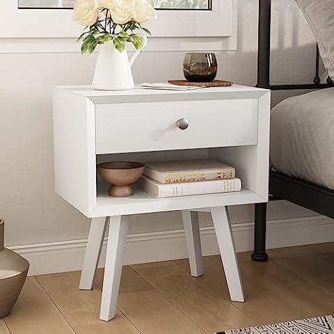 Algherohein 24" H White Nightstand with 1 Drawer, Wood Night Stand for Bedroom, Bedside Table with Open Shelf, 2-Tier Small End Table Cover