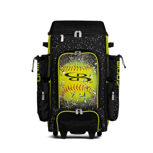 Boombah DEFCON Superpack Rolling Bat Bag - Telescopic Handle and Holds 4 Bats - Wheeled Version - Softball Highlight Black/Optic Yellow/Red