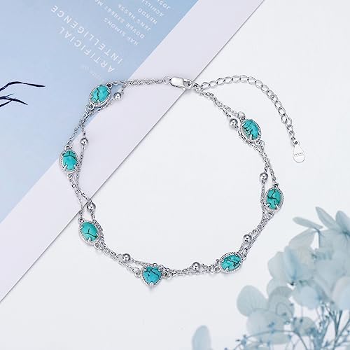Image of Gemstone Anklet for Women 925 Sterling Silver Gemstone Adjustable Layered Foot Bracelet Jewelry Gifts for Mother Wife