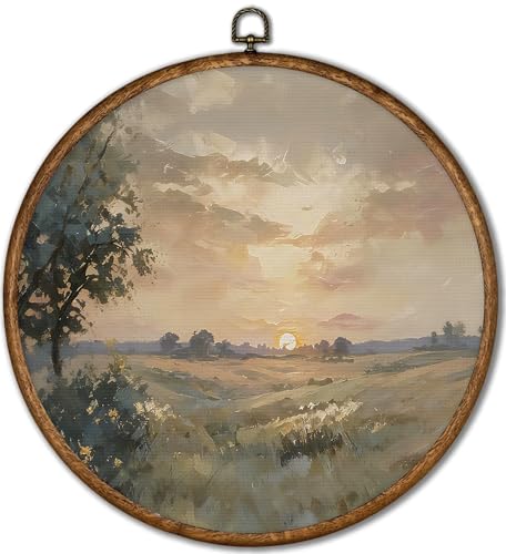 Vintage Framed Wall Art, Sunset Landscape Round Canvas...