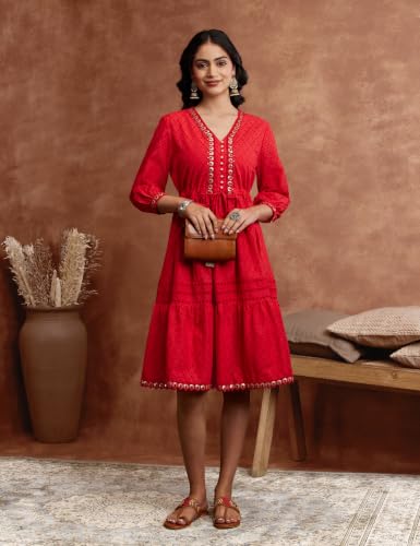 Image of Amazon Brand - Myx Women's Schiffli Dress | Casual Cotton Dress | Knee-Length (Available in Plus Sizes)