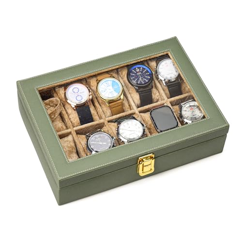 Image of NAAZS Premium Green Leather Watch Organizer Box - 10 Slot Display Case with Velvet Cushions & Transparent Lid for Men's Wrist Watches, Jewelry Storage Gift Box for Men & Women, Travel & Home Use