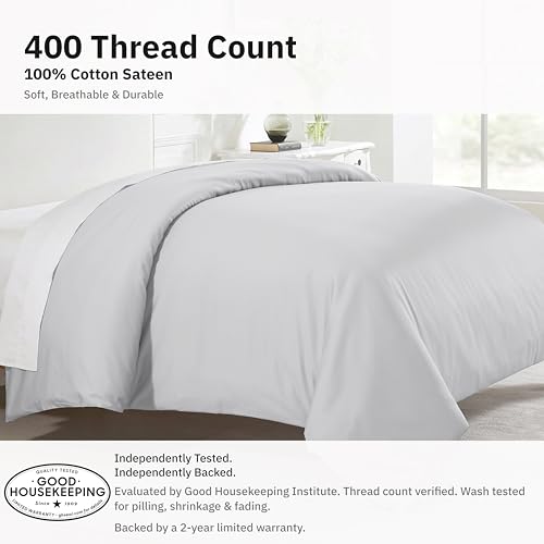 Image of California Design Den Full /Queen Bed Duvet Cover Only - 400 Thread Count, 100% Cotton Sateen, Soft Duvet Cover Queen Size Cotton, Button Closures, Corner Ties, Durable Bedding - Silver