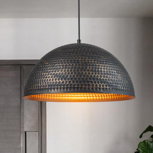 Lingkai 15.7 in. Black and Gold Hammered Pendant Light Fixtures, Industrial Metal Dome Shade...