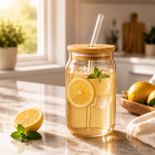 Image of Glass Tumblers with Wooden Lid and Glass Straw, 540ml, Borosilicate Glass, for Coffee, Iced Coffee, Juice and Smoothies, Coffee Mug, Sipper (Golden - Can Shape)
