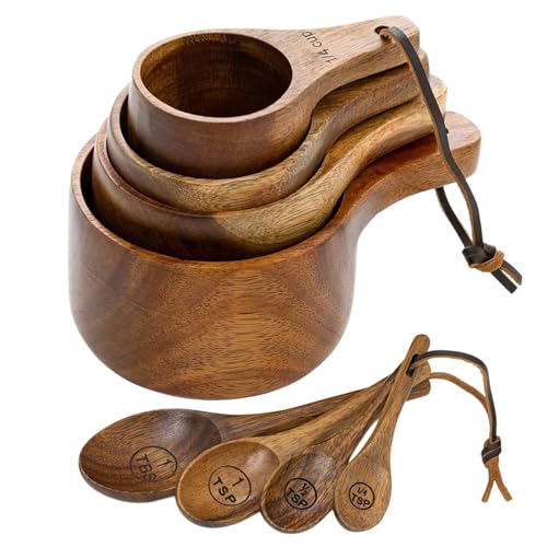 Wooden Measuring Cups and Spoons Set - Eco-Friendly Solid Acacia Wood, Laser Engraved Measurements, Perfect for Baking & Cooking - Ideal for Bakers, Chefs & Home Cooks（brown）