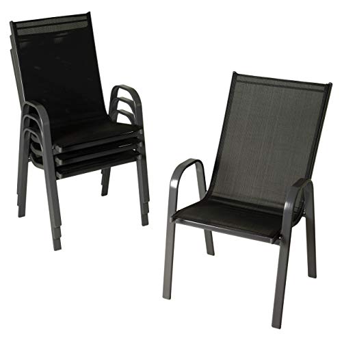 Preisvergleich Produktbild Nexos 4er Set Gartenstuhl B-Ware Stapelstuhl Stapelsessel Hochlehner Textilene Stahl stapelbar Farbe: Rahmen dunkelgrau / Bespannung schwarz