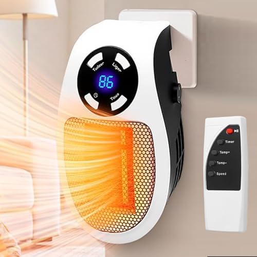 Space Heater, Small Plug in Electric Heater, Remote Wall Outlet Electric Space Heater with Adjustable Thermostat and Timer and Led Display, Compact for Office Dorm Room (Snow)