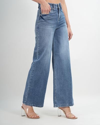 Image of Women's High Waist Wide Leg Jeans, Light Blue Denim, Stretchable Relaxed Fit