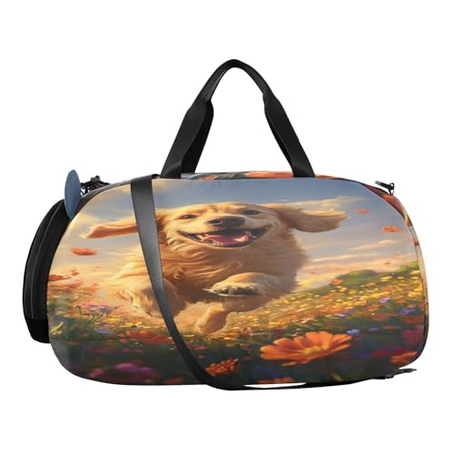 Retriever Flower Field Golden Kids Travel Duffel Bag for Boys Girls Overnight Weekend Tote Bag with Shoes Compartment for Beach Swim Trip2