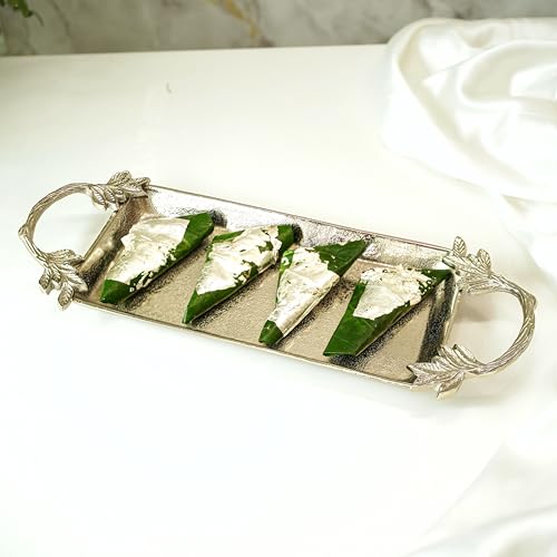 Image of BEHOMA Aluminium Silver Serve Tray with Leaf Handle, 16.7 inch | Silver aluminium serve tray with leaf handle, 16.7 inch; perfect Durga Puja & Navratri serveware.
