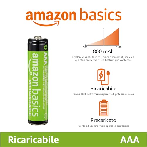 Amazon Basics, 12 batterie ricaricabili AAA NiMH, 800 mAh, ricarica fino a 1000 volte, pre-caricate - Immagine 1