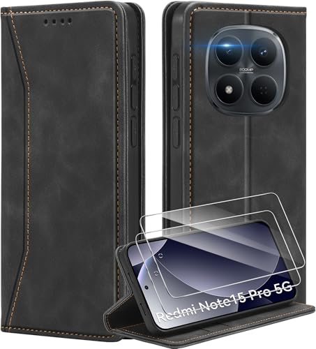 Deisyzy Lederhülle für Xiaomi Redmi Note 15 Pro 5G (Nicht für 4G) Hülle mit 2 Schutzfolie Premium Leder Handyhülle Kartenfach Klapphülle Standfunktion Flip Wallet Hülle (6.83 Zoll)- Schwarz- Schwarz