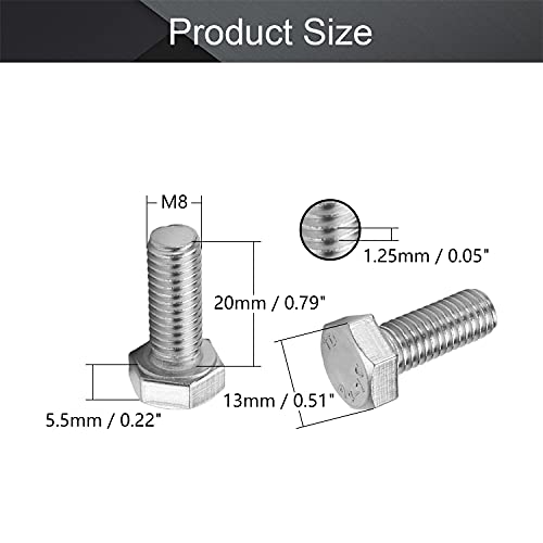 Image of MroMax 5Pcs M8-1.25 x 20mm Hex Head Screws Bolts, 316 Stainless Steel | Fully Threaded, Marine Grade A4-316, Corrosion Resistant, Silver, for Machinery & Marine Hardware, Replacement Fasteners