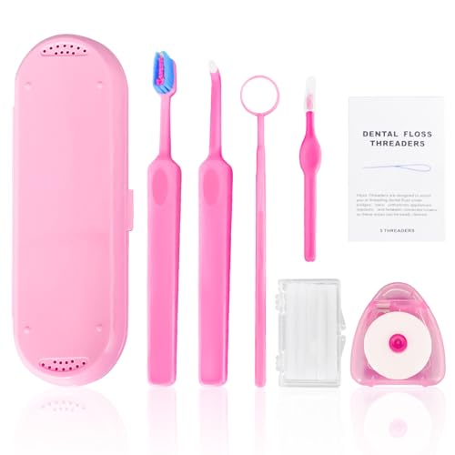7-in-1 Orthodontic Oral Care Kit with Case Toothbrush End Tuft Toothbrush Dental Mirror Interdental Brush Dental Floss and Threaders Dental Wax Portable Hygiene Set for Braces Daily Use (Pink)