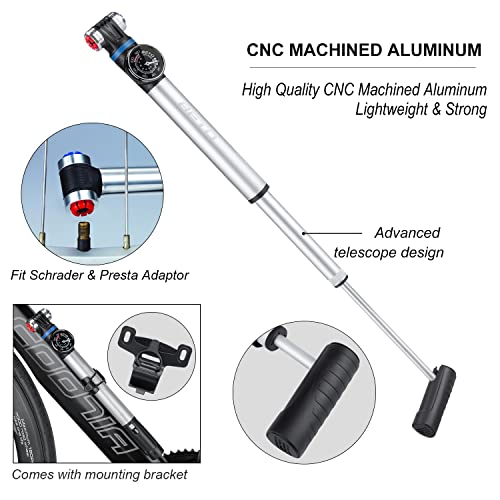 Mini bomba de bicicleta com medidor - Bomba de estrutura portátil com cabeça EZ para Schrader/Presta
