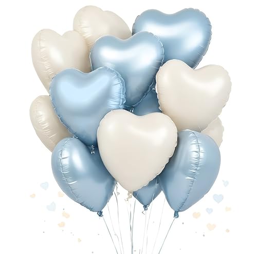 Ballon Coeur,12 pcs Ballons Bleu Beige Baudruche en Forme de Coeur, Ballons Gonflables Helium Coeur pour Saint Valentin, Anniversaire, Mariage, Fête D'enfants, Baby...