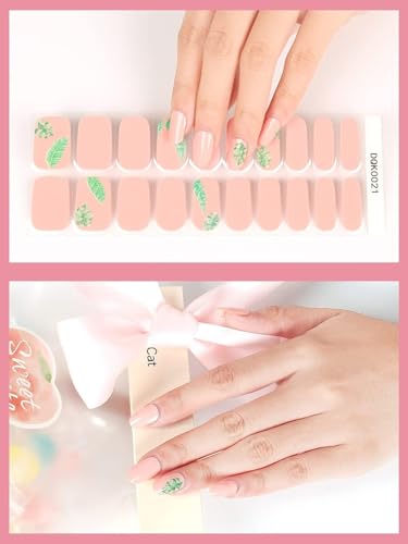 Kalolary Pink Gel Polish Strips, Spring Leaf Art Sticker Waterproof Full Wraps Decal Kits for DIY Summer Nails, Includes Cuticle Stick, File