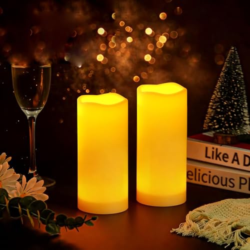 Image of 2 Outdoor Battery Operated Flameless LED Pillar Candles w /Remote Timer 3x7
