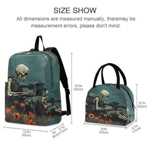 Backpack Lunch Bag Set Soldier Skull Print, Big Storage Travel Backpacks with Insulated Lunch Box for Office Hiking Picnic2