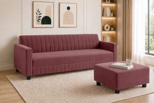Image of Modern 3-Seater Velvet Sofa with Ottoman | Vertical Channel Tufted Backrest | Plush Cushioned Seating | Stylish Contemporary Sofa for Living Room, Bedroom & Office | Rose Pink