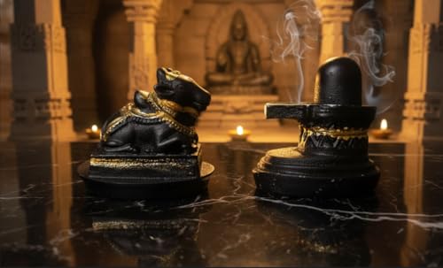 Image of POOMEE Divine 3-Inch Resin Shivling and Nandi Ji Statue Set - Premium Handcrafted Mahadev & Nandi Bull Murti for Home Temple, Mandir, Car Dashboard, and Spiritual Gifting (Matte Black & Gold)
