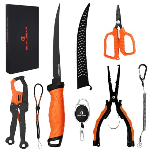 BasicGear Fishing Tool Set – 7” Pliers, 9.5” Fish Lip Gripper, 4.5” Scissors, 7” Fillet Knife, Retractable Clip & Steel-Core Tether, Rust-Resistant Multi-Tool Kit for Anglers, Orange
