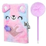 Fzyisw Carnet en peluche pour filles, Carnet en peluche avec cadenas, Agenda pour filles avec stylo pompon   Cadeau de papeterie pour enfants, rentrée scolaire