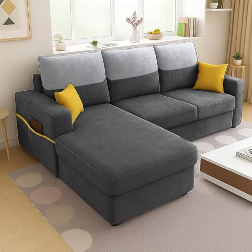 Image of Furny Tokiaa 4 Seater Fabric LHS L Shape Sofa Set (Dark Grey) | Soft Velvet Fabric | Modern Design | Comfortable Seating | Living Room Furniture