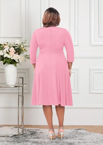 Image of Runwind Women's Plus Size Midi Dress 3 /4 Sleeve Fit and Flare Cocktail Dresses Casual V-Neck Dress with Pockets