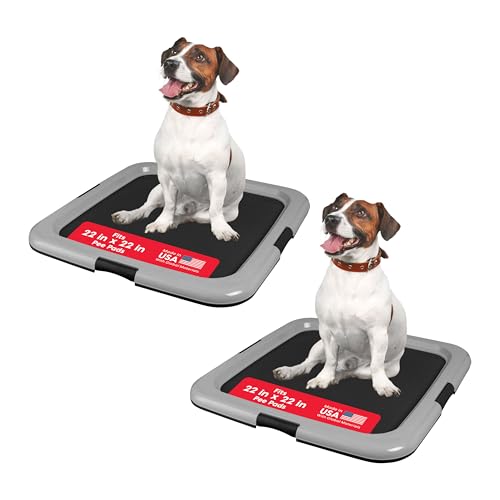 Image of IRIS USA Pee Pad Holder for Dogs and Puppies, Potty Training Tray with Secured Latches, Non-Skid Feet, Leak Protection, Easy Clean Surface, Fits 22 inchx 22 inch Puppy Pads Size or Larger, 2 Pack, Black /Gray
