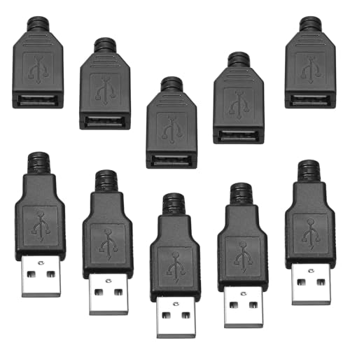 10 Pcs USB 2.0 Connector A Type Male 4-Pin Plug with Black Plastic Cover Type A Female Male Socket Connector USB TypeA Jack Connectors Adapter Plug Solder Terminal Repair for Fan LED Strip Mouse