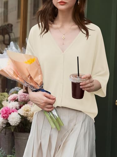 Image of Saodimallsu Womens V Neck Half Sleeve Cardigan Sweaters Summer Knit Tops | Oversized Fit, Button Down, Batwing Sleeve, Soft Lightweight Knitted Fabric, Trendy Casual Style, Summer Fall Outfits