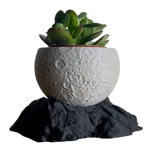 TIME&TRAVE 3D Printed Moon Planter with Black Base, Gray Lunar Surface Flower Pot with Drainage Hole, Indoor Succulent Planter, Unique Home Decor Gift (3.94 Inch Diameter)