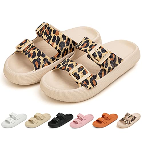 Geweo Zapatillas Mujer Hombre Hebilla Piscina Pantuflas de Baño Chancletas Casa Verano Zapatos de Ducha Playa Antideslizantes Ajustable Chanclas Sandalias, Unisex Leopardo 39-40 EU Cover