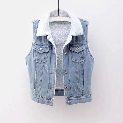 Denim Vest for Women Winter Warm Fuzzy Sherpa Fleece Lined Jean Jacket Sleeveless Cowboy Coat Waistcoat Streetwear2