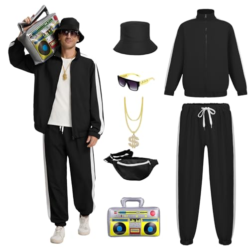 PWQMGY Retro 80s 90s Outfit for Men - 7-Piece Vintage 80s Halloween Costumes for Men-Tracksuit Set with Hip-Hop Accessories (Pure Black, L)