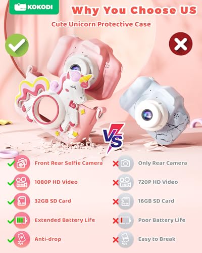 Image of KOKODI Kids Camera Toy Digital Camera for Kids, Birthday Gifts for Girls Age 3-12, 1080P HD Video Camera for Toddler, Unicorn Children Toys for 3 4 5 6 7 8 9 Year Old Girls with 32GB SD Card