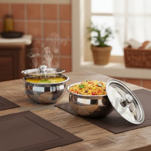 Image of Stainless Steel Cook and Serve Handi Panjabi Biryani Serving Bowl Milk Pot Pan Patila with Lid Laser Finished Gas & Induction Compatible Multipurpose Utensil 500 ml (2pcs, Steel)