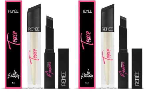 Image of RENEE Natural Glossy Lips Combo| Includes Madness PH Stick 3gm & Tease Lip Plumper 5ml| Soothes & Moisturizes Dry Lips| Non Sticky, Long Lasting Formula with Plumping Effect (Pack of 2)