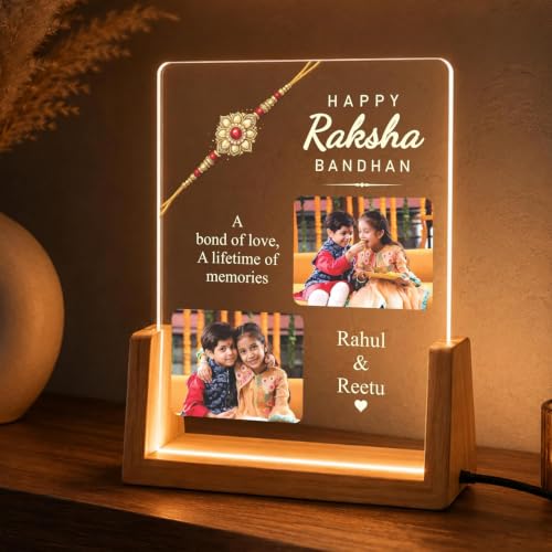 Image of Giftplease Personalized Raksha Bandhan LED Acrylic Photo Frame with Rakhi, Roli Chawal, Greeting Card, Wooden USB Night Lamp, Brother Sister Festival Decor, Memory Keepsake, Home Table Display