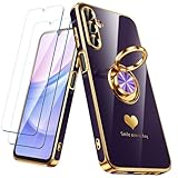 Nonional for Samsung Galaxy A15 5G Case with 2 Pack Screen Protector, 360° Rotatable Ring Holder [Luxury Hearts Pattern] Plating Gold Edge Slim Soft Phone Cover Case for Galaxy A15 - Purple