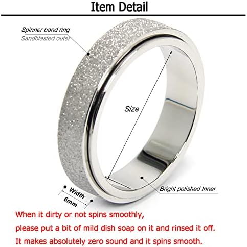 Fidget Ring Women Anxiety Spinner: Fidget Toys Adults Thumb Ring Stainless Steel Spinning Ring Rainbow Gold Black Silver Color (Silver-Width:6mm, 9)