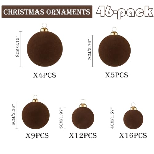 46Pcs Velvet Christmas Ball Ornaments Set - Flocked Shatterproof Christmas Tree Decorations Classic Hanging Ornaments with Rope for Xmas Wreath Holiday Home Decor (Multi-Size, Brown) - image 2