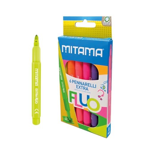 Mitama - Extra Fluo viltstiften - Maxi-punt - Etui met 6 viltstiften - Neonkleuren - Verstikkingsbeschermkap - Maxi-punt 5 mm - Schoolkleuren - Kleurpotloden Pennenetui School