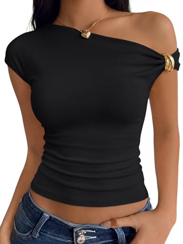 Trendy Queen Womens Off The Shoulder Tops Going Out Cap Sleeve Y2k Fashion Sexy Ruched Crop Shirts Cute Summer Blouses 2026 Black M