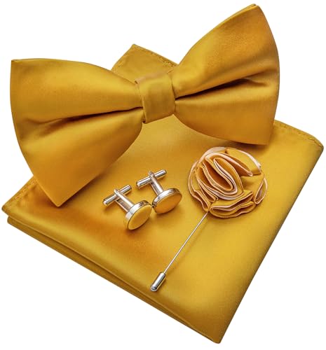 Image of Solid Color Bow Ties for Men Silk Pre-tied Tuxedo Bowtie Set 4PCS | Pre-tied in 3 seconds,adjustable 4PCS bow tie and pocket square cufflinks lapel pin set,wedding,formal,party,prom,graduation