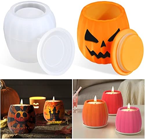 BABORUI Candle Jar Molds, Pumpkin Silicone Concrete Molds for Candle Holder with Lids, Candle Vessels Cement Molds for Halloween Candle Making Supplies Home Decor